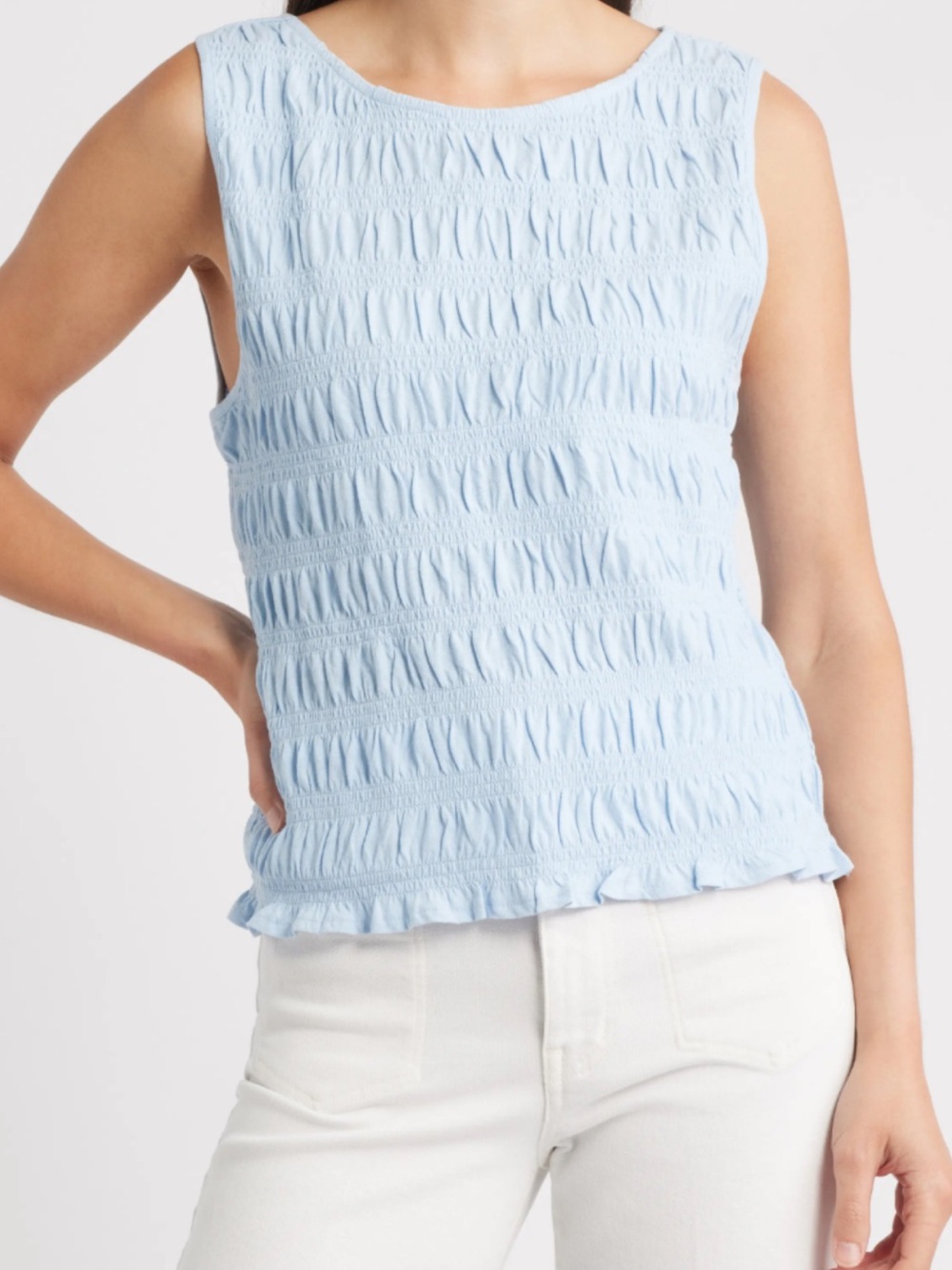 Madewell Smocked Boatneck Tank Top Blue Cotton Linen Size S